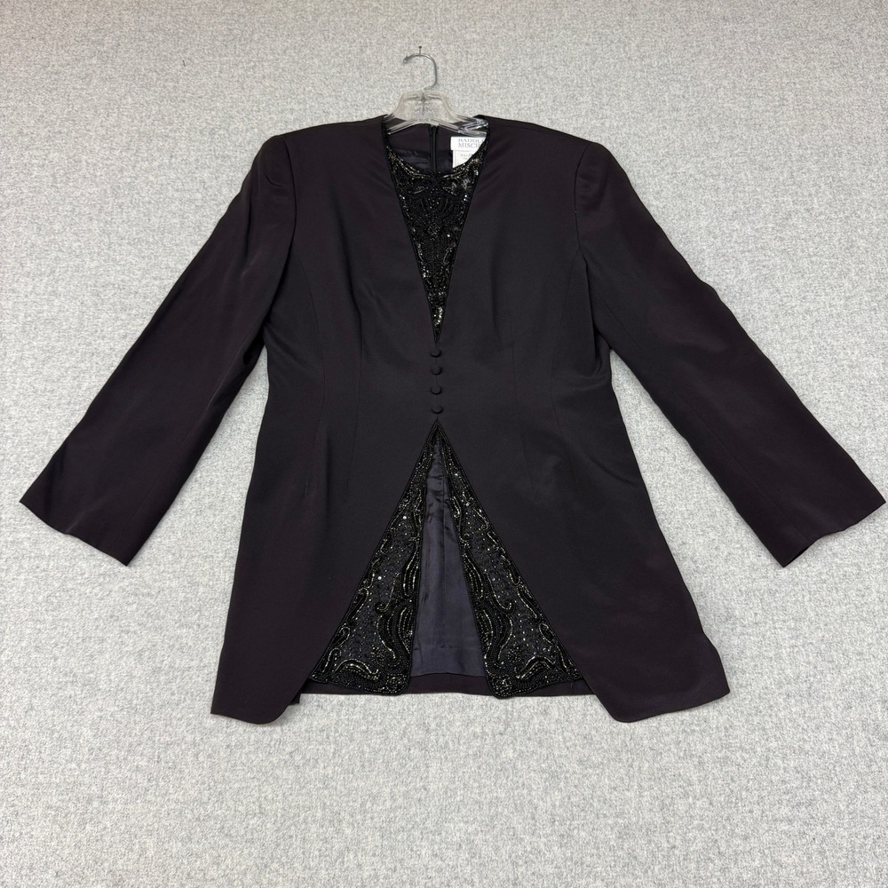 Badgley Mischka Beaded Silk Blazer Jacket 10 Black Formal Evening Sequin Vintage